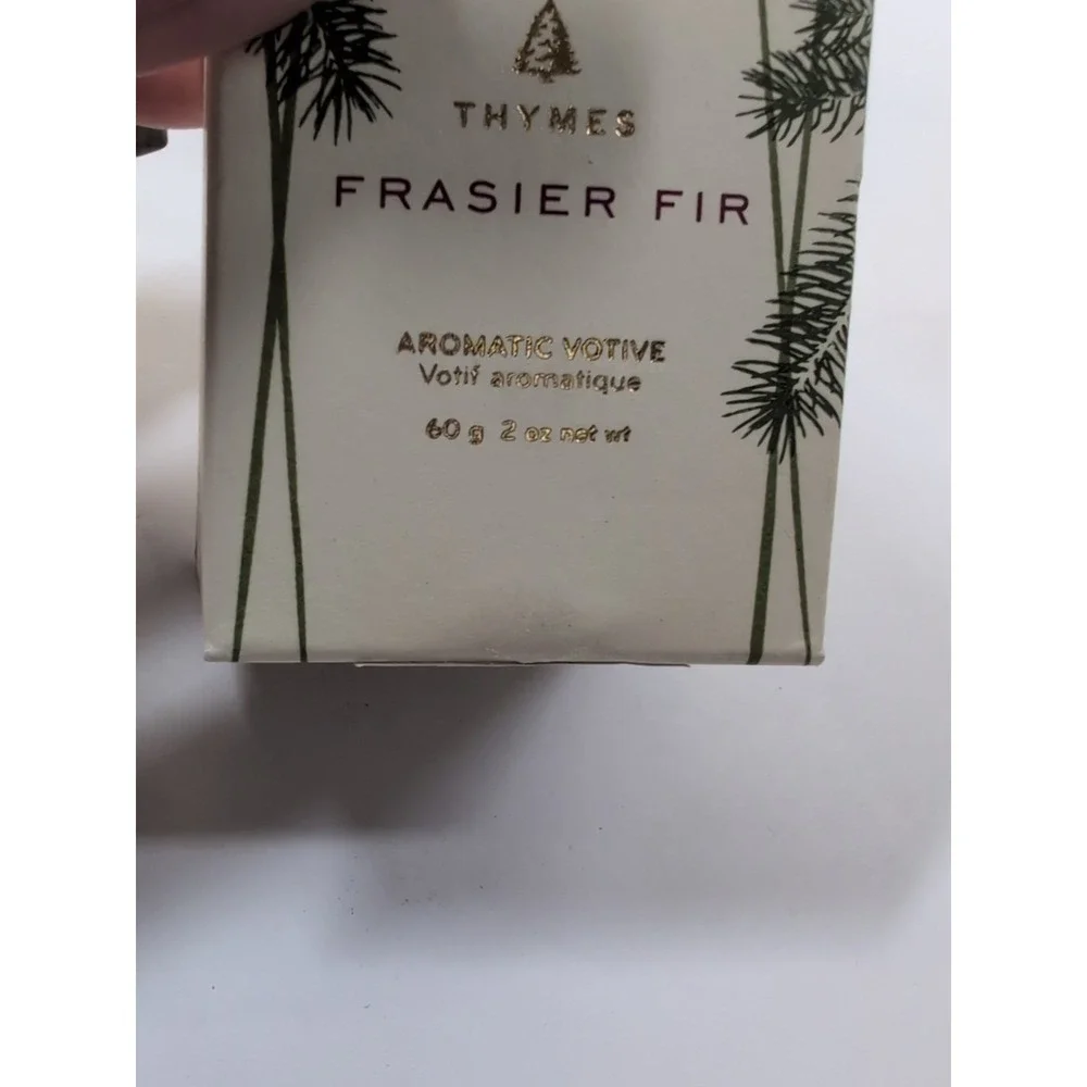 Thymes Frasier Fir Votive – Frosted Plaid Coll. Green Gold & White Glass Jar NEW